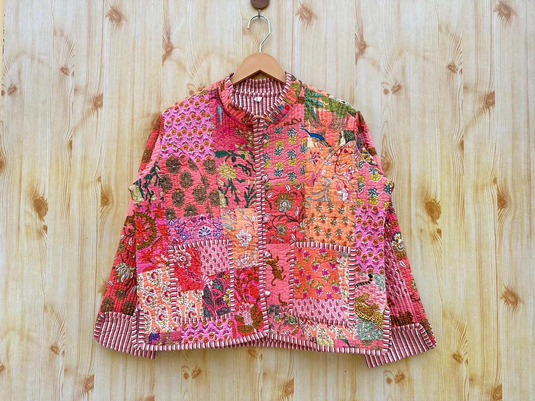 Cotton Patchwork Jacket With Collar, Quilted Jacket, Jacket With Matching Pocket and Strip, Pink ... | Etsy (US)