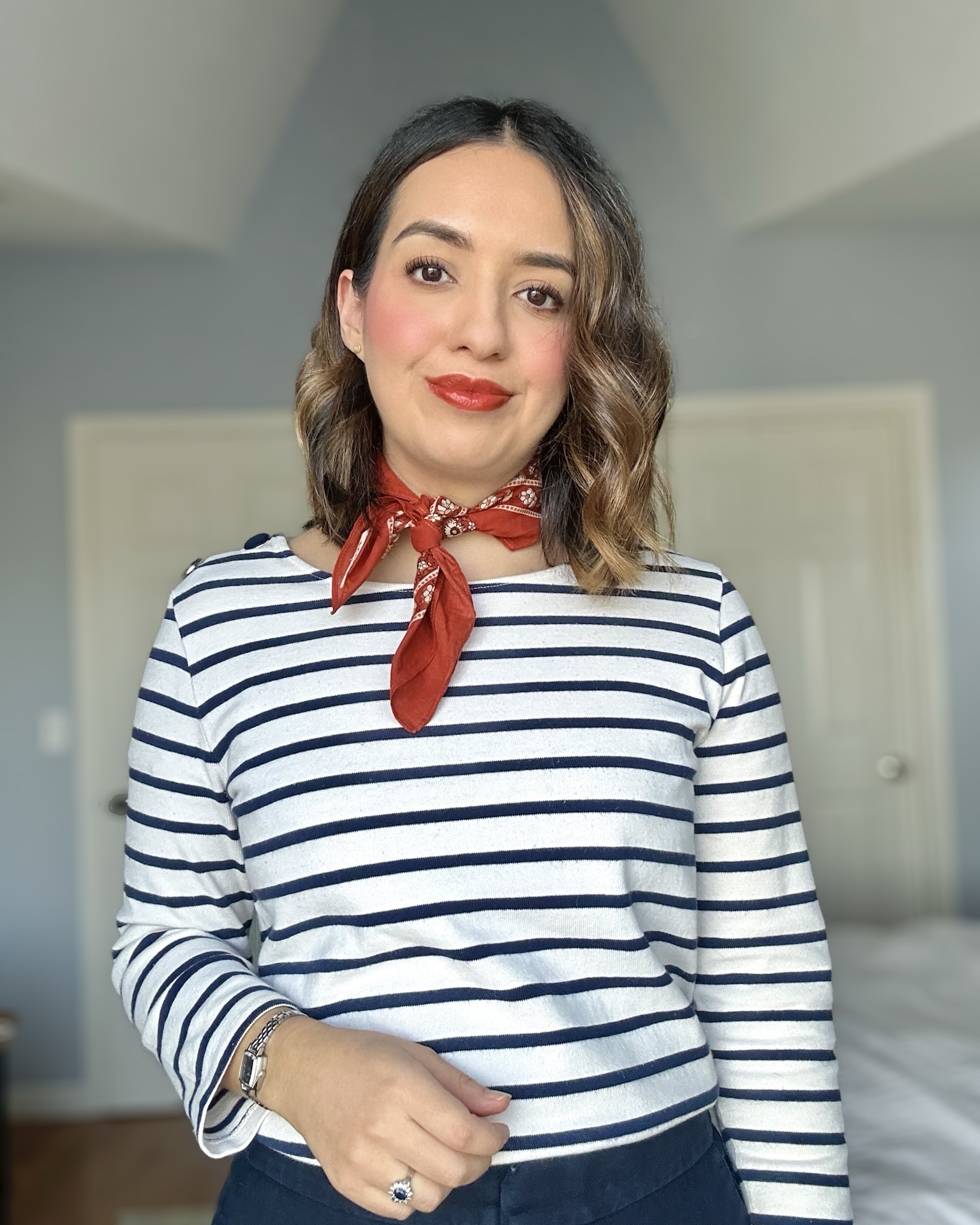 Best combo: stripes + red lip 💄

• Striped shirt is size M (I sized up to fit a shirt underneath). 

• Pants are old but linked a much better option 