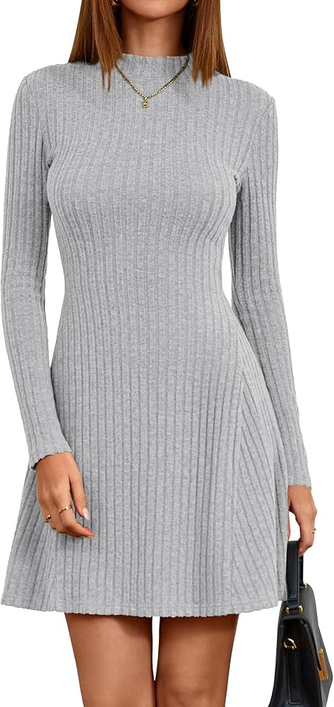 KIRUNDO Women's Sweater Dress 2025 Fall Lightweight Long Sleeve Mock Neck A Line Fit and Flare Ri... | Amazon (US)