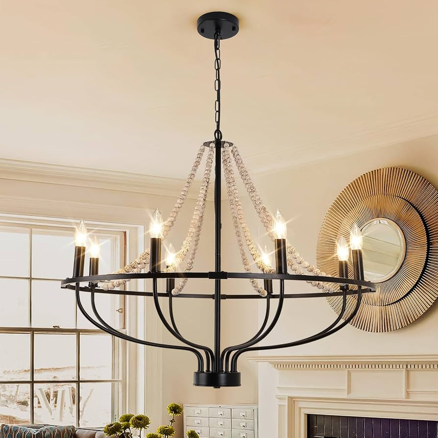 Ganeed Vintage Chandeliers,8-Light Round Wagon Wheel Chandelier with Wood Beaded,Black Farmhouse ... | Amazon (CA)