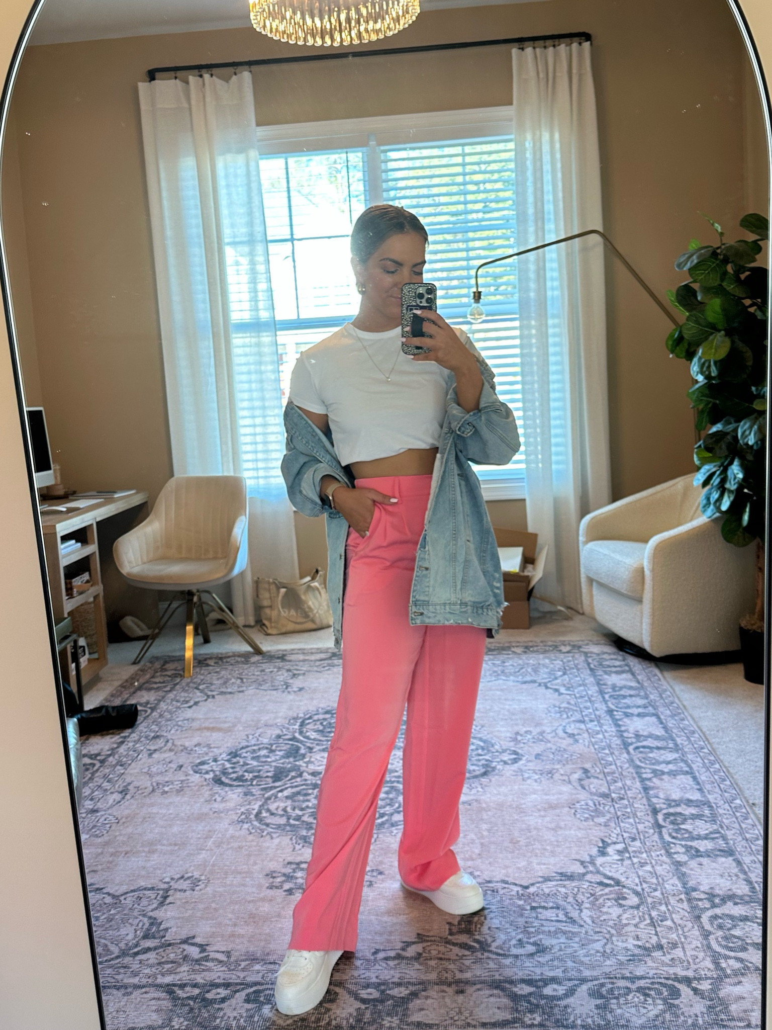 Z Supply pink trousers, spring pants, spring outfit inspo, basic top, denim jacket, platform white tennis shoes 

#LTKshoecrush #LTKFind #LTKunder100