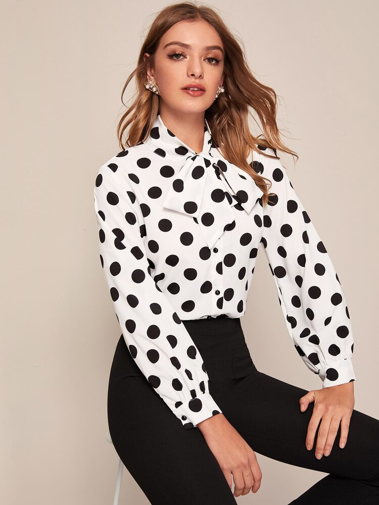 Tie Neck Polka Dot Button Up Shirt | SHEIN