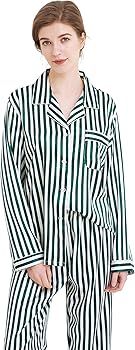 Women's Classic Satin Pajama Set Sleepwear Loungewear (Green and White Striped, Small) at Amazon ... | Amazon (US)