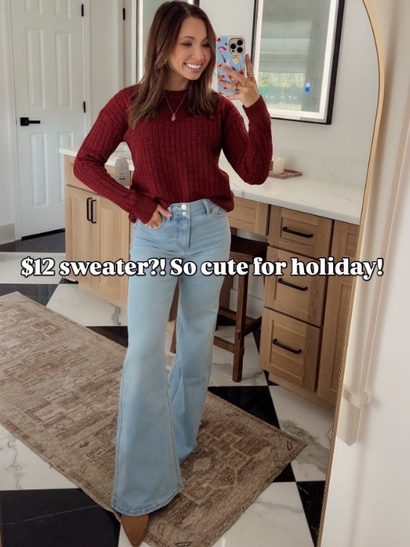 Walmart!! $12 sweater?! Wearing a size small! $25 flare jeans — size 0 #holidayoutfit #jeans

#LTKootd #LTKHoliday #LTKmomlife
