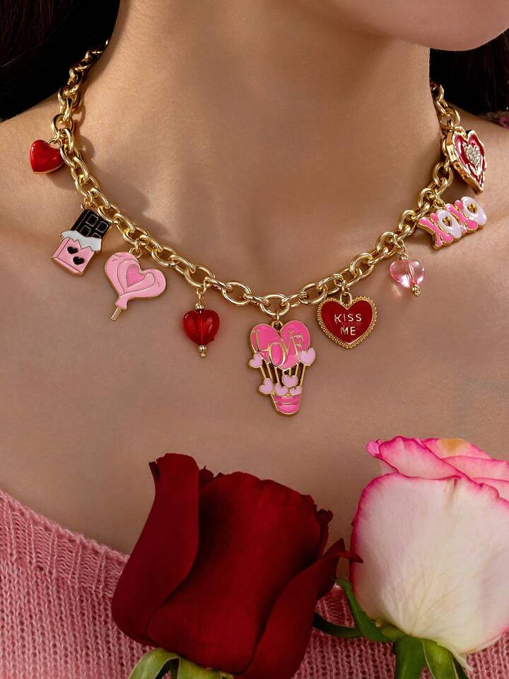 1pc Handmade Enameled Red Heart XOXO Love Charm Necklace For Women, Valentine's Day Romantic Pink... | SHEIN
