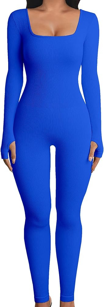Women Workout Seamless Jumpsuit Yoga Ribbed One Piece Long Sleeve Leggings Romper | Amazon (US)