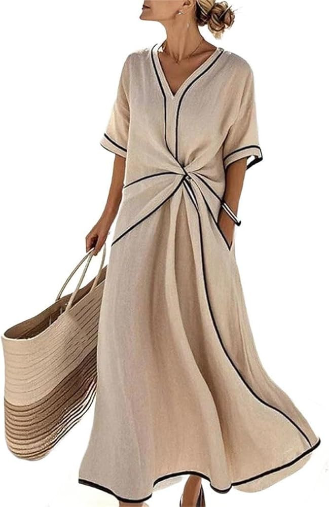 ZOCANIA Striped Dresses for Women V Neck Short Sleeve Elegant Midi Dress Formal Work Office Busin... | Amazon (US)