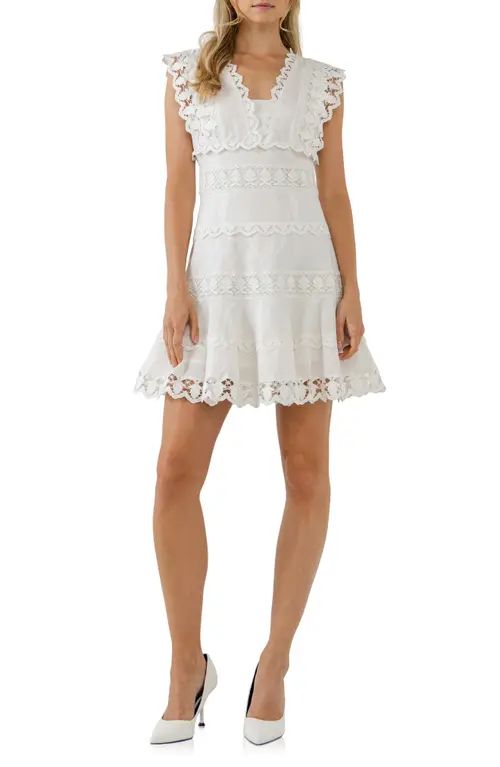 Endless Rose Plunge Neck Tiered Lace Linen & Cotton Dress in White at Nordstrom, Size X-Small | Nordstrom