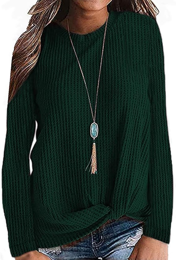 MarinaPrime Womens Waffle Knit/Cotton Blend Twist Knot Pullover Tops Loose Fitting Plain Shirts | Amazon (US)