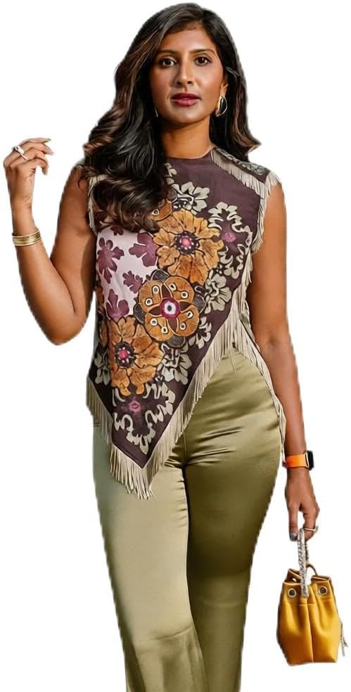 Women Country Western Floral Fringe Sleeveless Top, Print Handkerchief Hem Tank Blouse,Silk Scarf... | Amazon (US)