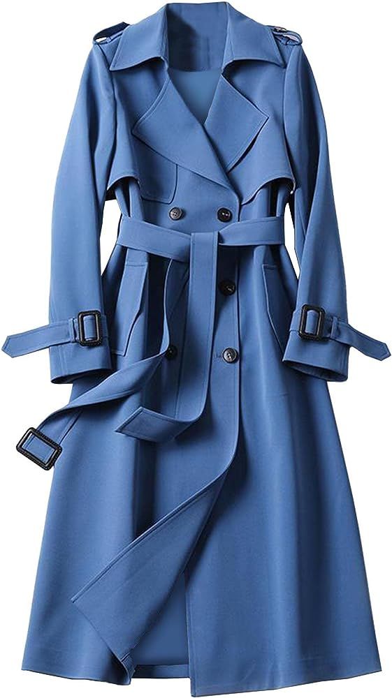 SOMTHRON Women's Double Breasted Long Trench Coat Belted Notch Lapel Overcoat Windproof Classic O... | Amazon (US)