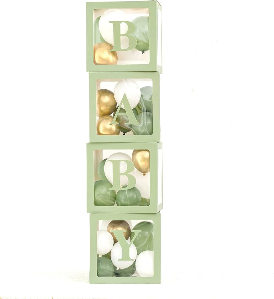 luckylibra Sage Green Baby Shower Decorations, B - A - B - Y Transparent Balloon Boxes & 35Pcs Ba... | Amazon (US)