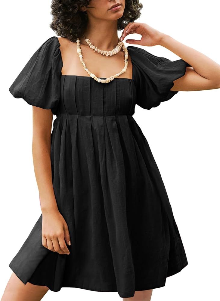 Zwurew Women's Summer Casual Dress Square Neck Puff Sleeve Flowy Smocked Tie Back Dress | Amazon (US)