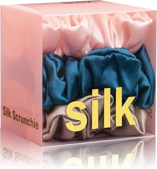 Silk Scrunchies for Hair 100% Mulberry Silk Hair Ties 3 Pack(Pink, Peacock Blue, Apricot) | Amazon (US)