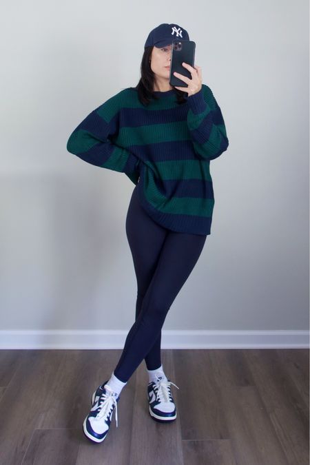sweater: small
leggings: xs 25” length

blue and green striped sweater with navy blue leggings and dunk low midnight navy outfit inspo 

#LTKstyletip #LTKshoecrush #LTKSeasonal