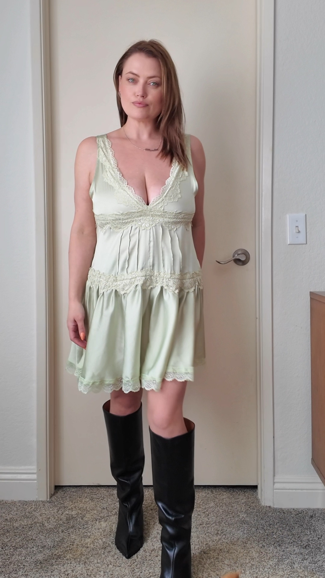 Mini slip dress in Aloe Wash size medium with Kiki kitten heel boots from free people 

#LTKStyleTip #LTKMidsize #LTKSeasonal