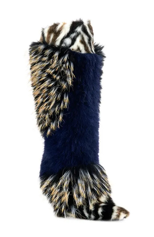 AZALEA WANG Upendo Mixed Faux Fur Stiletton Boot in Navy Multi at Nordstrom, Size 6.5 | Nordstrom