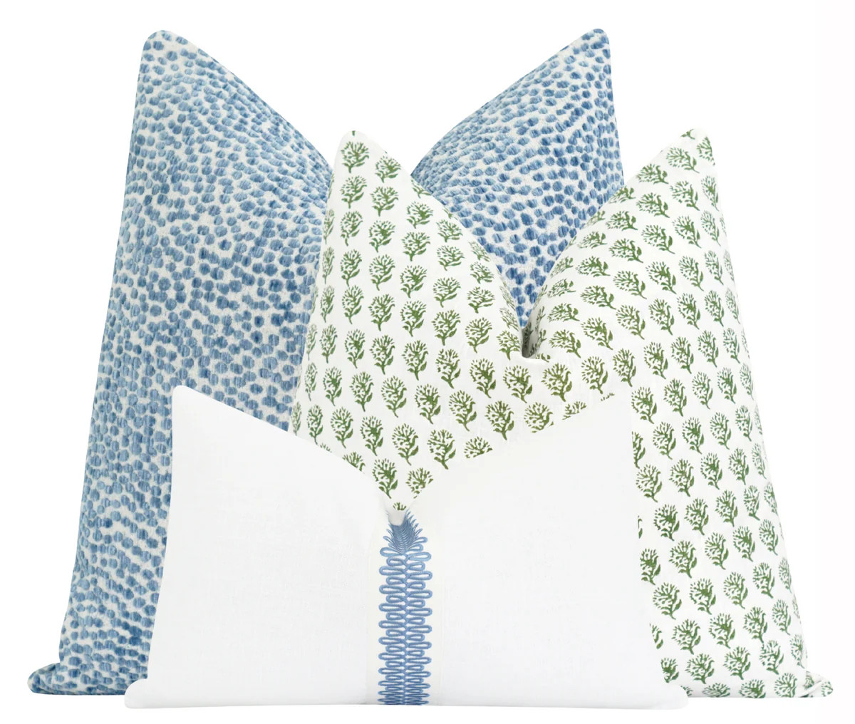 Lake Blue Chenille & Green Floral Pillow Set White Linen Trim Lumbar | Land of Pillows