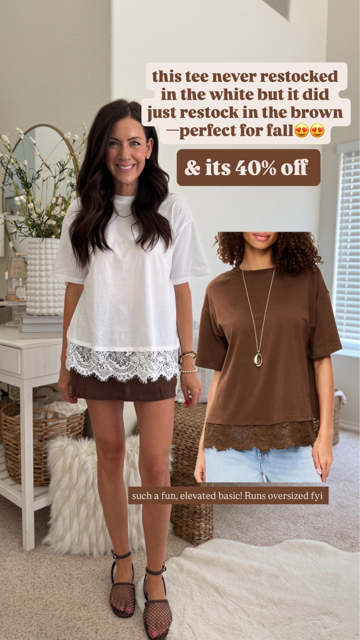 Oversized lace trim tee RESTOCKED in brown & 40% off sale—runs oversized fyi

#LTKmomlife #LTKootd #LTKSaleAlert