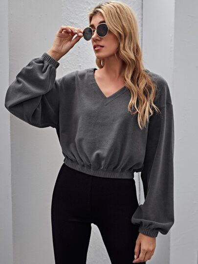 SHEIN Drop Shoulder Crop Teddy Pullover | SHEIN