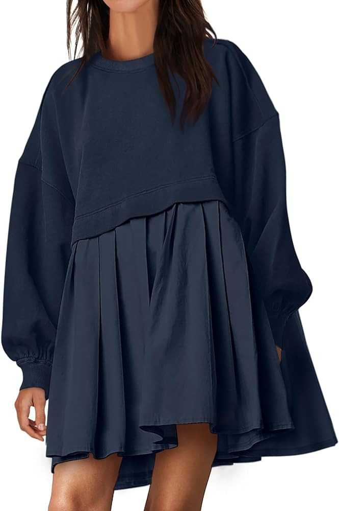 ANRABESS Women Sweatshirts Dress Oversized Long Sleeve Patchwork Casual Loose Pleated Pullover Mi... | Amazon (US)