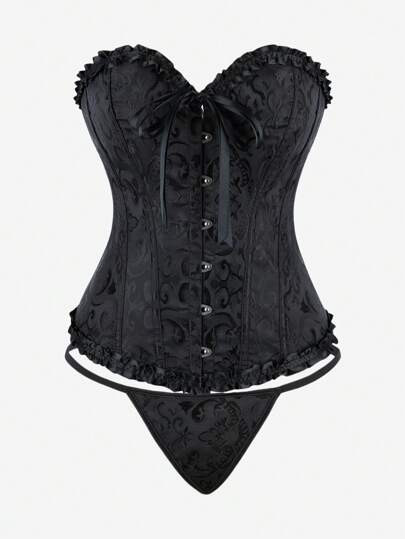 1pc Corset Top + G-String Set, Classic Vintage Ruched Lace Bodysuit, Sweet Corset Top Backless St... | SHEIN