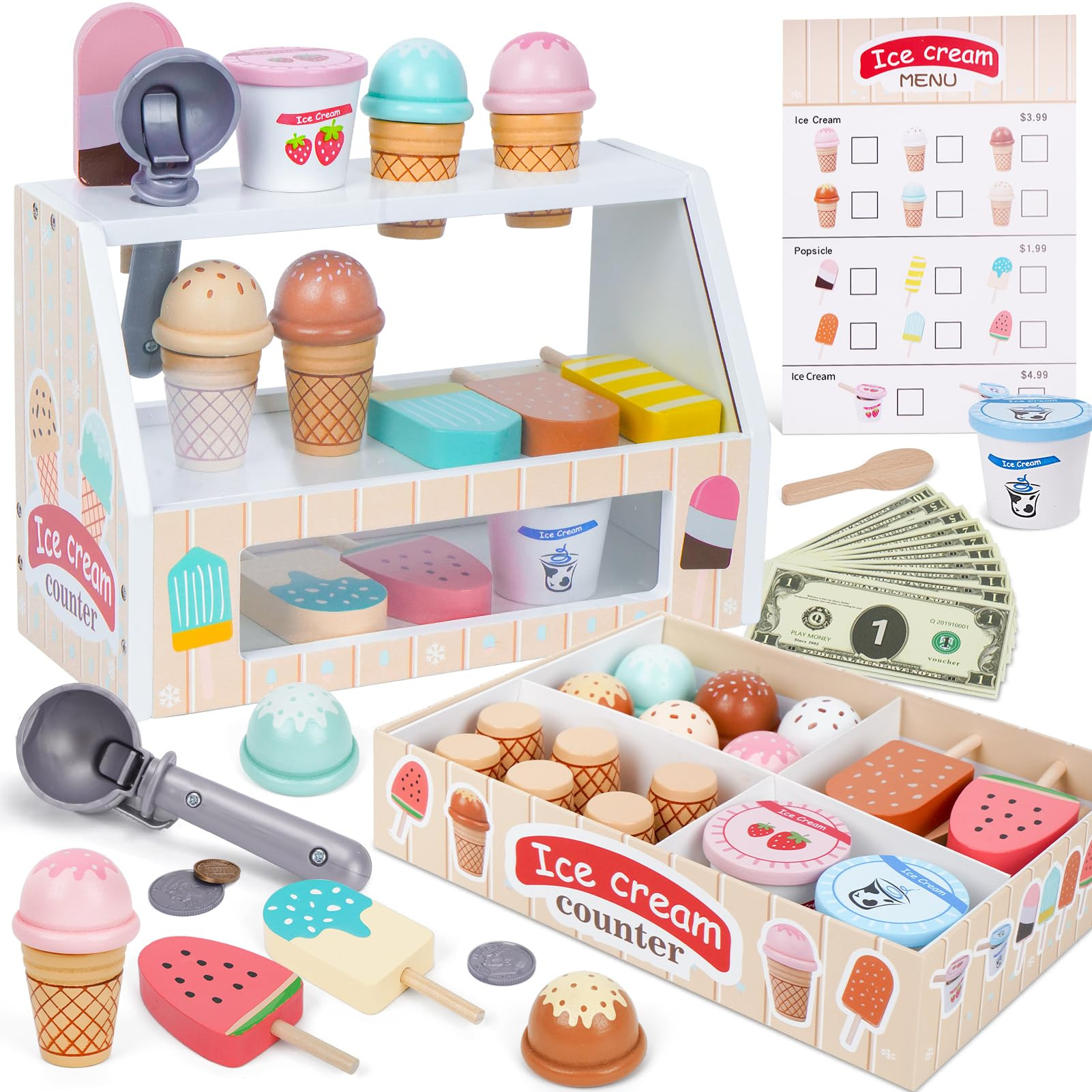 Wooden Ice Cream Counter Playset for Kids, Toddler Girl Toys Kitchen Playset Pretend Play Gifts f... | Amazon (US)