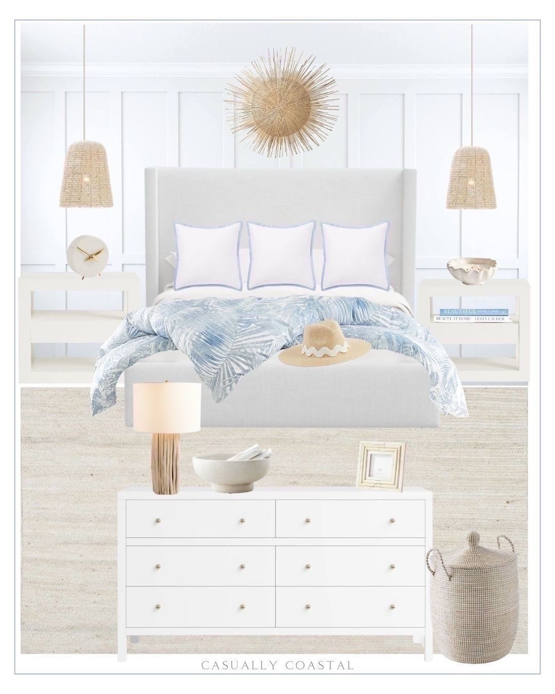 If you've always wanted a primary bedroom that makes you feel like you’re at a luxury beach resort, I hope this design inspires you! 🌊 
----
Coastal home decor, primary bedroom ideas, master bedroom ideas, beach bedroom ideas, beach house bedroom ideas, coastal rug, bedroom rug, jute rugs, neutral rugs, 8x10 rugs, 9x12 rugs, 10x13 rugs, 12x15 rugs, oversized rugs, coastal beds, linen beds, platform beds, white beds, upholstered beds, queen size beds, king size beds, beach resort bedroom, coastal lamp, coastal bedding, woven baskets, lidded baskets, hampers, coastal pillows, bed pillow styling, coastal nightstands, 100% linen wingback bed, 6 drawer dresser, wayfair dresser, coastal duvet cover, palm percale duvet cover, all season down feather comforter, coastal comforter, amazon bedding, amazon down comforters, wood bead bell pendant, coastal pendant light, bedroom lighting, white nightstand, nightstands with shelves, nightstand with drawers, wide nightstands, pottery barn bedding, serena & lily bedding, white Euro shams, coastal wall decor, wall decor above bed, wall baskets, coastal wall art, braided jute area rug, off white rug, wayfair rugs, percale embroidered sham, pottery barn table lamp, dresser decor, nightstand decor, shell candle, coastal candle, terracotta bowl, coastal bowls, marble clock, Serena & lily basket, coastal bench, bone frames, coastal picture frame, fedora hat, Amazon coffee table books, coastal books, bedroom accessories, pendant lights above nightstand, long white dressers, 6-drawer dressers, wayfair dressers

#LTKHome