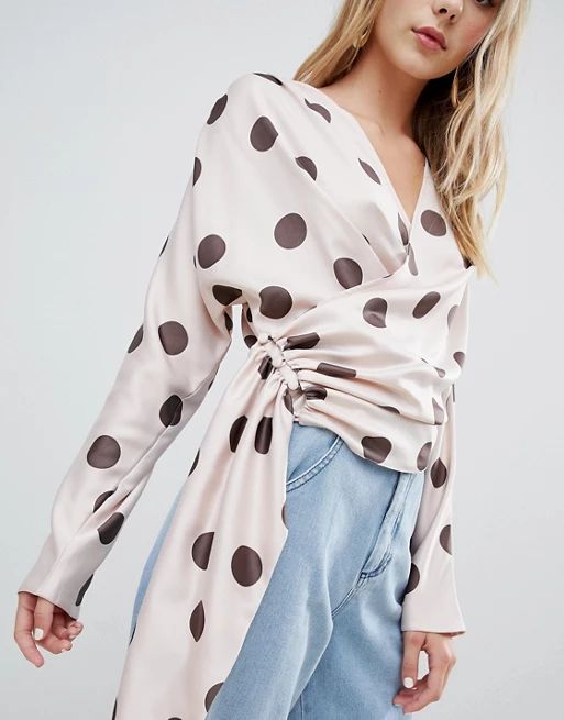 ASOS DESIGN satin drape long sleeve top with side button detail in spot | ASOS US