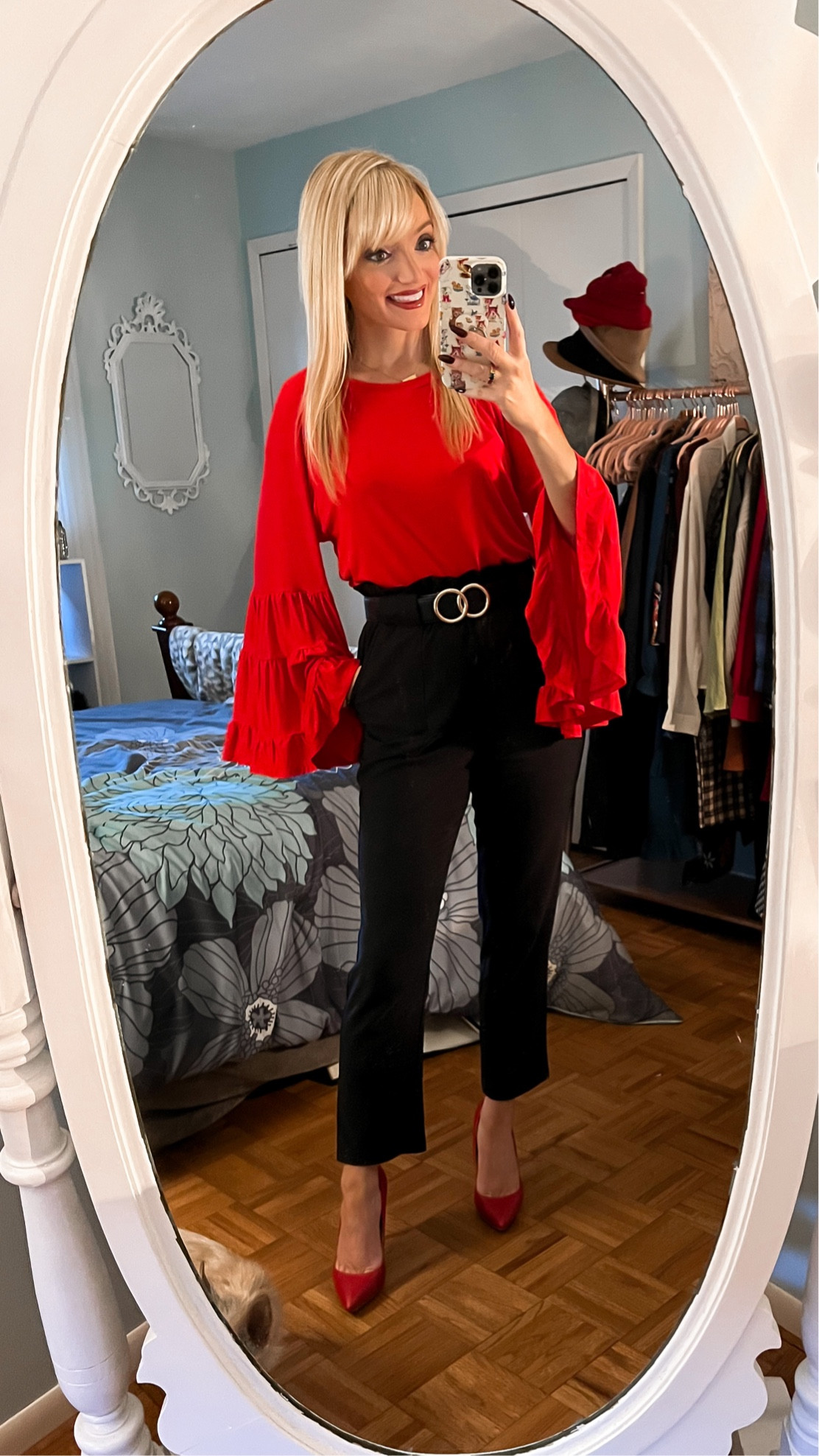 Red flounce sleeve top available in other colors - statement sleeves - paperbag waist pants - dress pants - work pants - ankle pants - business casual - wear to work - work outfit - Amazon Fashion - Amazon Finds 

#LTKunder50 #LTKworkwear #LTKSeasonal