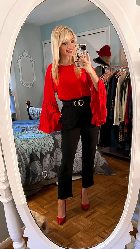 Red flounce sleeve top available in other colors - statement sleeves - paperbag waist pants - dress pants - work pants - ankle pants - business casual - wear to work - work outfit - Amazon Fashion - Amazon Finds 

#LTKunder50 #LTKworkwear #LTKSeasonal