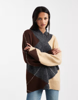 Object v neck oversized knitted jumper in neutral argyle check print | ASOS | ASOS (Global)