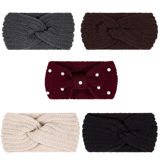 Whaline 5 Pieces Knit Headbands Winter Ear Warmers, 4 Elastic Turban Head Wraps and 1 Pearl Croch... | Amazon (US)