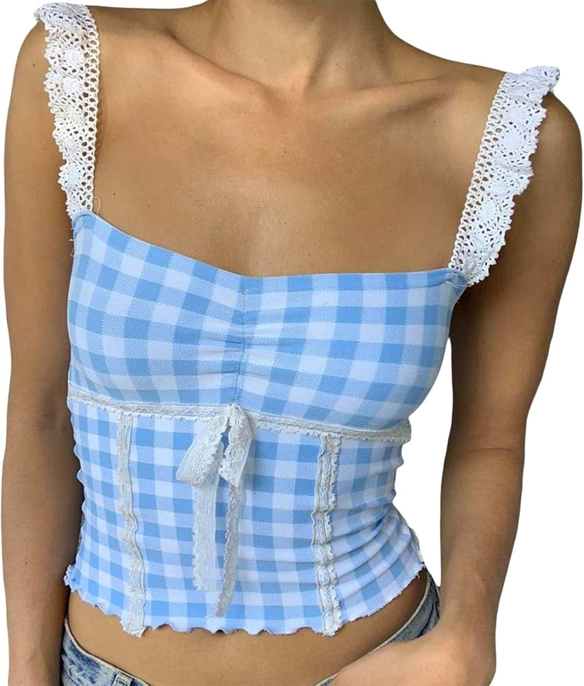 Women Y2K Cami Tank Top Spaghetti Strap Lace Trim Camisoles Square Neck Sleeveless Crop Top Summe... | Amazon (US)