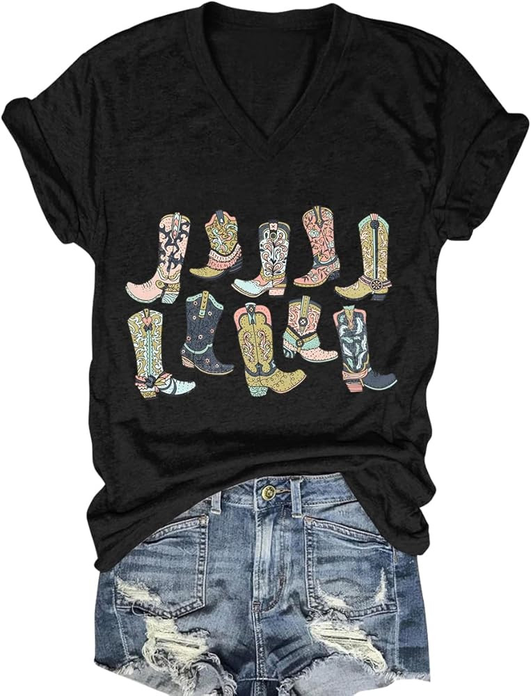 Western Country Shirt for Women Cowgirl Cartoon Boots V Neck Short Sleeve Tops Vintage Cowboy Gra... | Amazon (US)