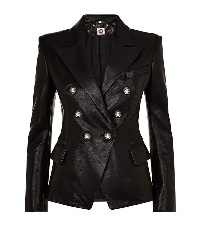Takitop Cleopatra Black Coat Double-Breasted Blazer Genuine Leather Jacket Women | Amazon (US)