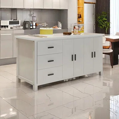 70.86'' White Kitchen Island with Marble Top, Solid Wood Base, and Storage Cabinets | Wayfair North America
