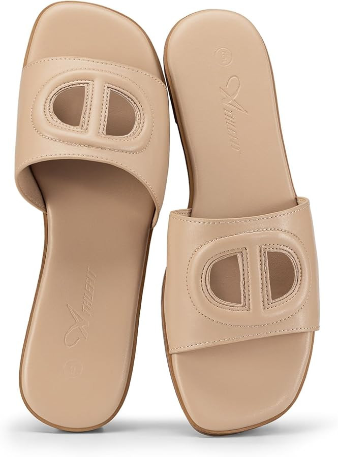 Athlefit Women's Flat Sandals Square Open Toe Comfortable Slip On Summer Beach Slide Sandals | Amazon (US)
