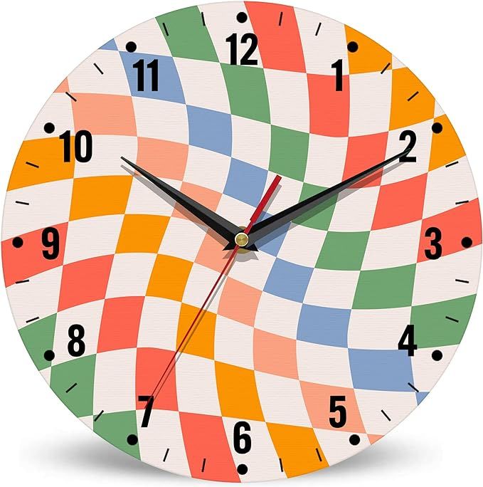 Clock for Bedroom,Colorful Checkered Wall Clock Battery Operated 10 Inch,Retro Wavy Round Clock S... | Amazon (US)