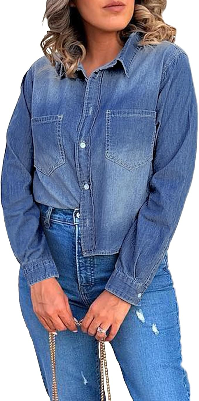 luvamia 2023 Denim Shirt Women Cropped Button Down Shirts Jean Blouse Lightweight Shacket Cowgirl... | Amazon (US)