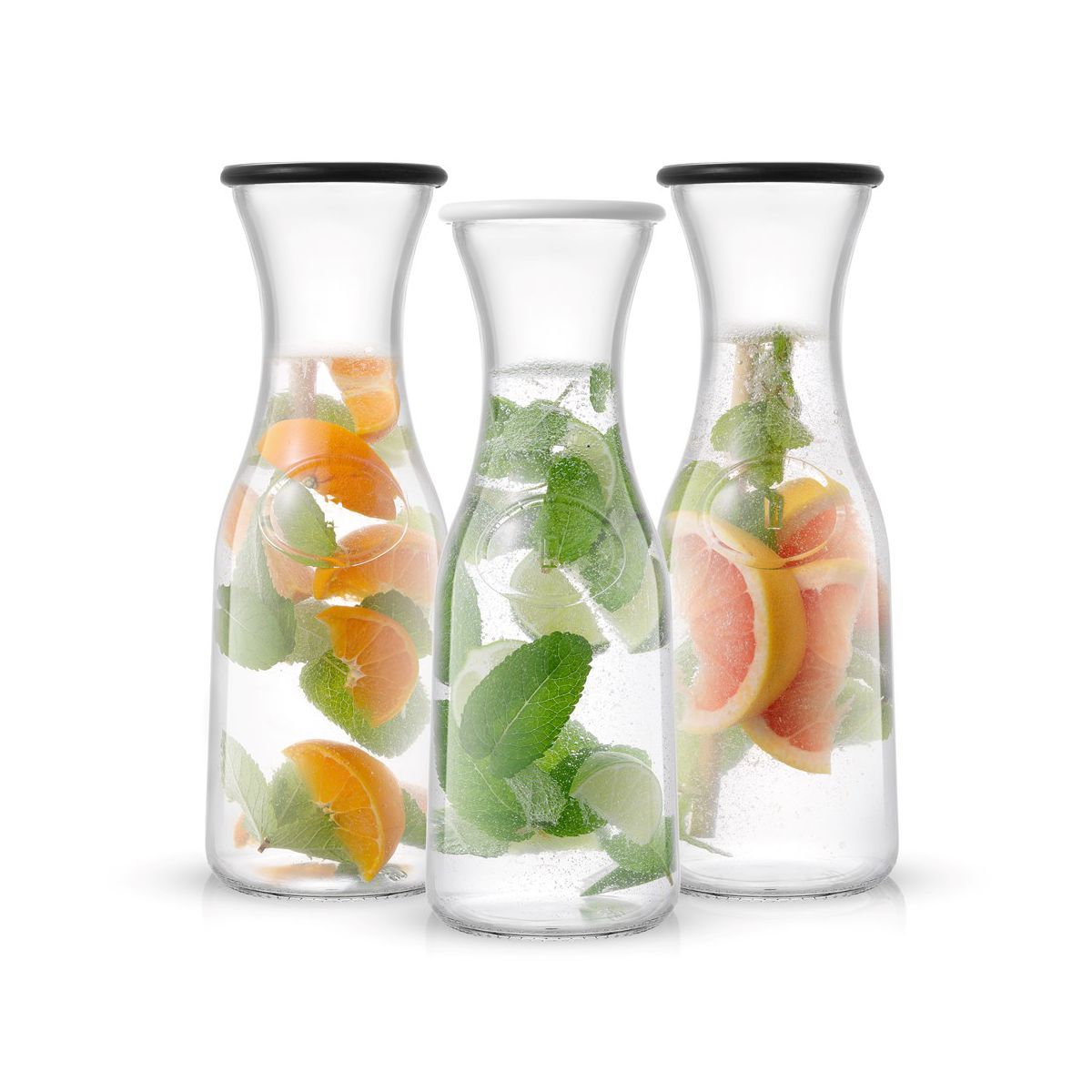 JoyJolt Hali Glass Carafe Bottle Water or Juice Pitcher with 6 Lids - 35 oz - Set of 3 | Target