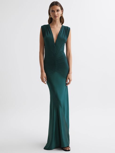 Reiss Teal Noa Plunge Neck Sleeveless Maxi Dress | Reiss UK