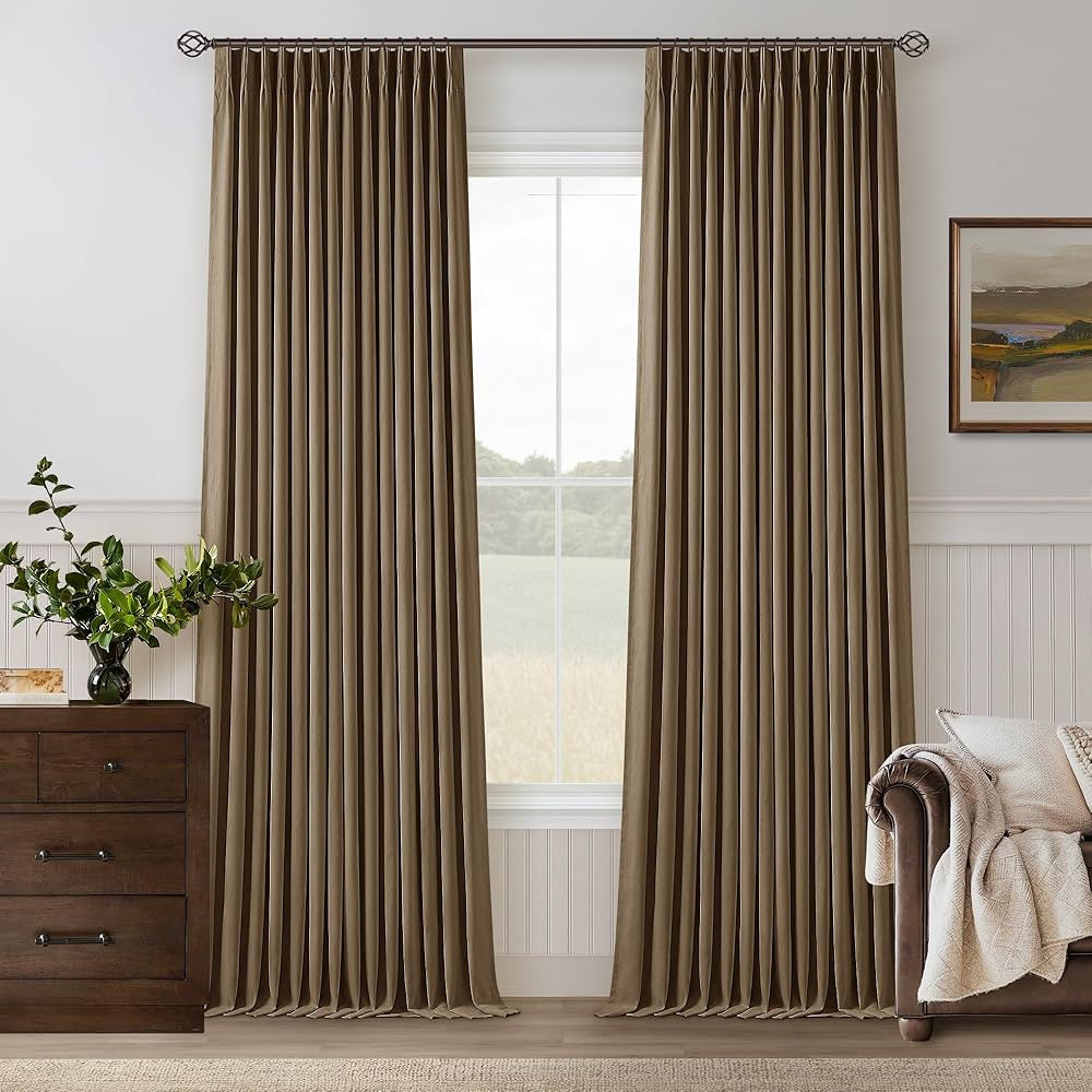 Brown Pinch Pleated 100% Blackout Linen Bedroom Curtains 96 Inch Length Double Layer Pleat Curtai... | Amazon (US)