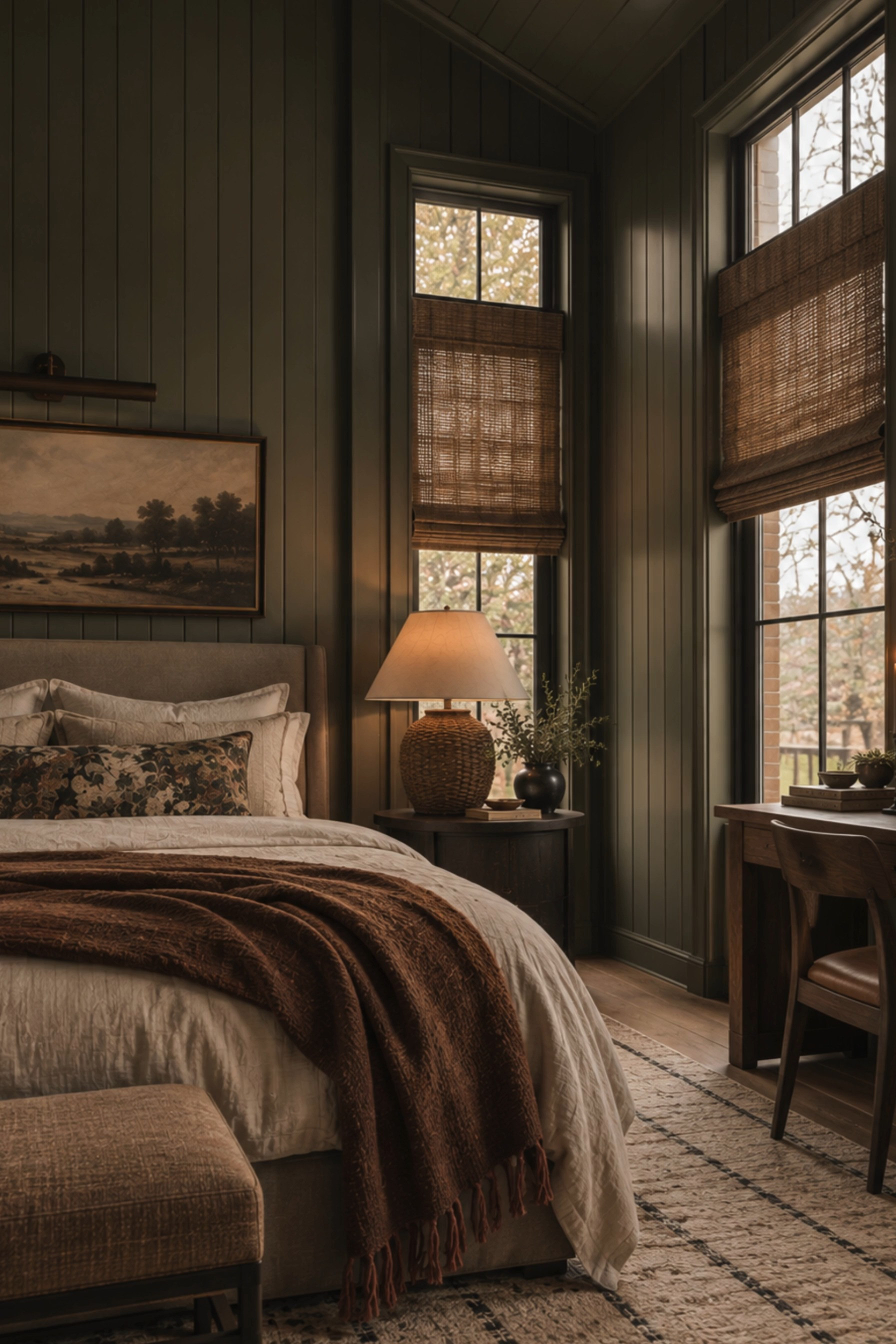 Moody Olive Green Bedroom Inspiration 🤎 This cozy fall bedroom layers deep olive green walls, warm rust brown textiles, creamy linen bedding, and natural woven textures for an elevated English country look. The upholstered bed is paired with botanical patterned pillows and a rich terracotta throw, while woven Roman shades, a basket-style table lamp, vintage landscape artwork, warm wood furniture, and a classic writing desk create a beautifully collected atmosphere. Soft candlelight and earthy autumn tones make this space perfect inspiration for a moody bedroom refresh or cozy cottage-style retreat.

🖤 If you want to see more content like this, FOLLOW maeveandmodern on LTK, Instagram, and Pinterest! Check out our blog where we post daily, maeveandmodern.com!

Moody Olive Green Bedroom | Olive Green Bedroom | Fall Bedroom Decor | Cozy Fall Bedroom | Dark Green Bedroom | English Country Bedroom | Modern Traditional Bedroom | Cottage Bedroom Ideas | Earth Tone Bedroom | Rust Brown Decor | Terracotta Throw Blanket | Neutral Bedding | Layered Bedding | Botanical Throw Pillow | Upholstered Bed | Woven Roman Shades | Bamboo Shades | Woven Table Lamp | Landscape Wall Art | Vintage Inspired Art | Bedroom Writing Desk | Wood Desk | Bedroom Office Ideas | Vintage Inspired Rug | Cozy Bedroom Ideas | Warm Fall Home 

 #LTKFindsUnder100

#LTKHome #LTKSaleAlert #LTKSeasonal