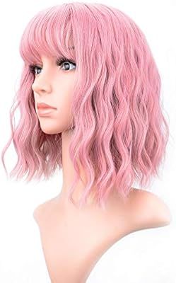 VCKOVCKO Pastel Wavy Wig With Air Bangs Women's Short Bob Pink Wig Curly Wavy Shoulder Length Pas... | Amazon (US)