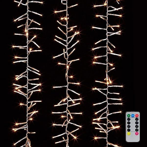 Christmas Cluster LED Lights 20 Foot Garland with 600 White Lights on Clear Wire with Timer and 8 Fu | Amazon (US)