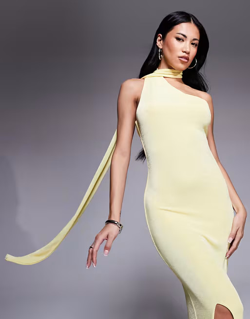Aria Cove scarf neck one shoulder maxi dress in yellow | ASOS | ASOS (Global)