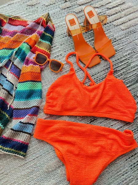 Plus size mid size orange swimwear bikini on sale for 50% off and rainbow coverup 

#LTKcurves #LTKswim #LTKSeasonal