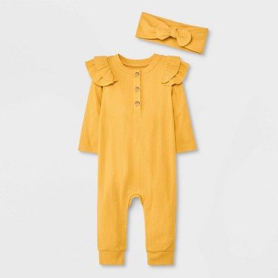 Baby Girls' Ruffle Shoulder Placket Ribbed Romper with Headband - Cat & Jack™ Yellow | Target