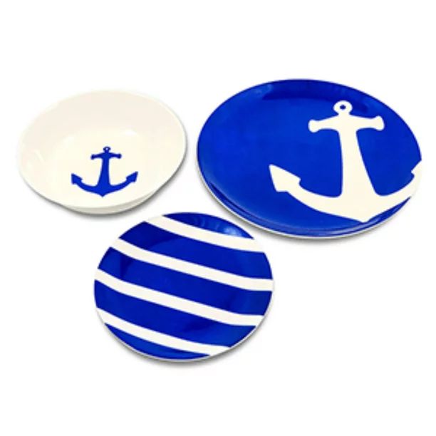 Set of 12 Blue and White Nautical Design Dinnerware Set - Serves 4, 9" - Walmart.com | Walmart (US)
